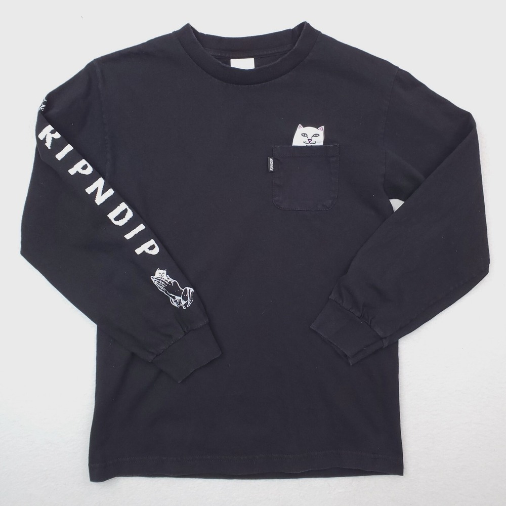RipNDip Shirt Womens Small Black White Cat Crew Spellout Streetwear Skater